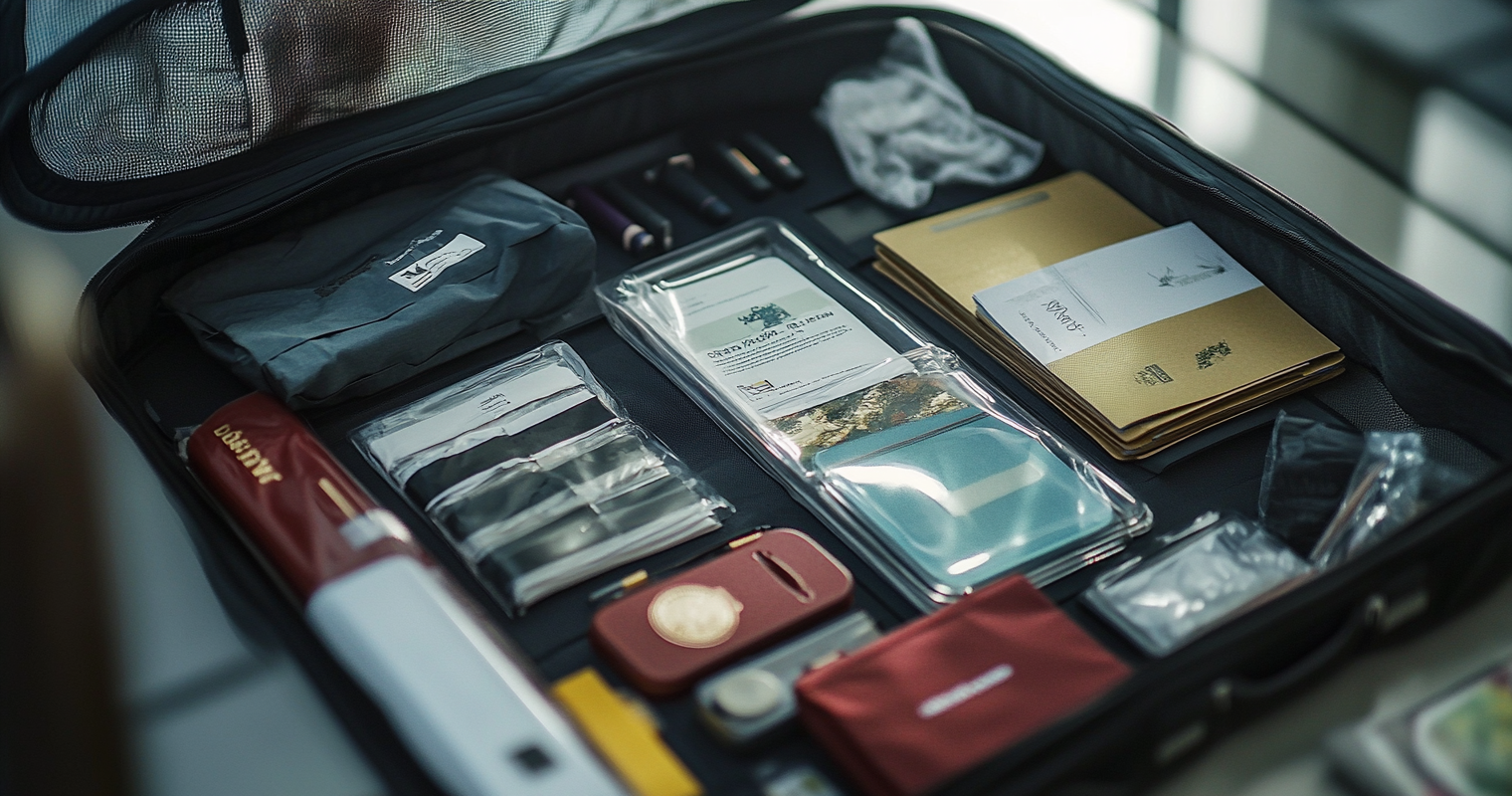 Una imagen mostrando un kit de viaje bien organizado, con artículos esenciales como un botiquín de primeros auxilios, una póliza de seguro de viaje, pasaportes y copias de documentos importantes. Todo está dispuesto sobre una superficie limpia, lista para ser empaquetada. En el fondo, una mochila abierta y el logo de AcaMeAseguro.cl, resaltando la preparación y seguridad del viajero